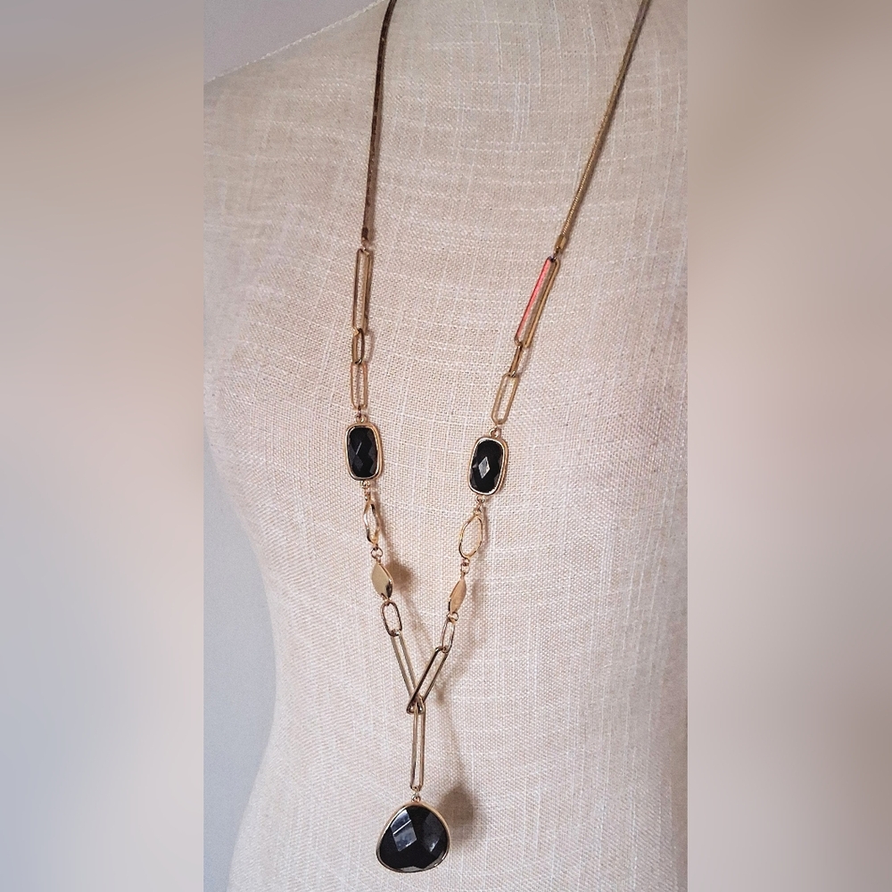 Vintage 90s Faux Onyx Gold Tone Unique Necklace - Excellent Condition!